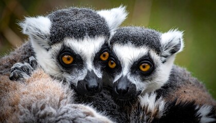 Fototapeta premium Two ring-tailed lemurs are huddled together, close up on their faces, with yellowish eyes and black and white patterns