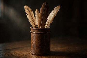Rustic quill feathers in a vintage holder on a wooden table