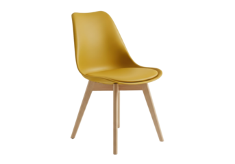 Isolated mustard-yellow dining chair with a simple wood frame and modern minimal design