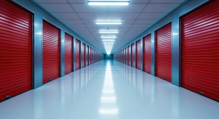Modern selfstorage facility corridor with rows of red rollup doors
