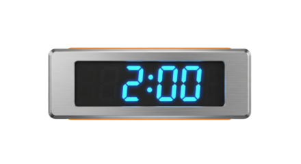Isolated digital clock, electronic display indicating the time is two o'clock in the morning