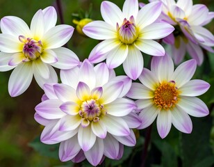 Blossoming dahlia cluster; petals with white base & lavender tips surround vibrant yellow & purple centers
