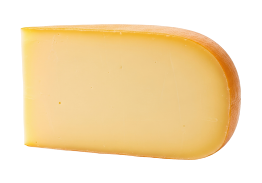 Isolated wedge of Gouda cheese with orange rind, a popular ingredient for sandwiches and pizzas