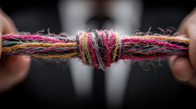 Close-up shot of hands holding colorful yarn tied in a knot, emphasizing detail