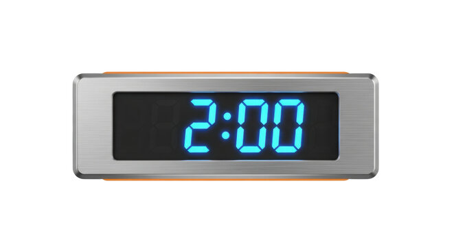 Isolated digital clock, electronic display indicating the time is two o'clock in the morning