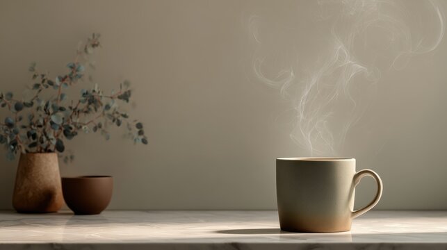 Warm beverage steaming in a ceramic mug on a sunlit table, creating a cozy and calm atmosphere with subtle decor - Powered by Adobe