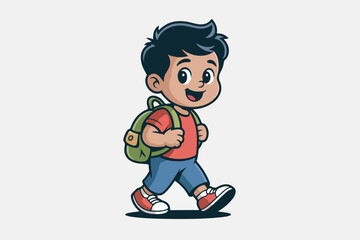 A cartoon child strides forward, backpack on, cheerful expression. Reds, blues, greens, and black. A simple design