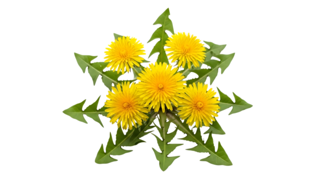 Bright yellow dandelion flowers and green leaves on a black background - Powered by Adobe