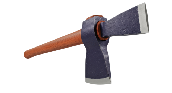 Isolated Hewing axe with wooden handle. Tool to shape timber with two opposing blades