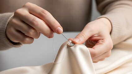 Delicate Hands Sewing Mother Of Pearl Button On Silk Fabric