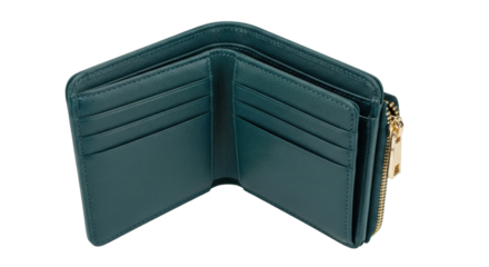 Isolated green wallet with gold zipper, fashionable accessory for holding money and cards