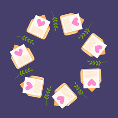 Circular wreath of love letter in envelope with pink heart and green leaf in flat style. Valentine day card.