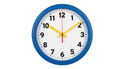 Isolated blue wall clock showing ten ten, traditional style timepiece, wall hanging home decor