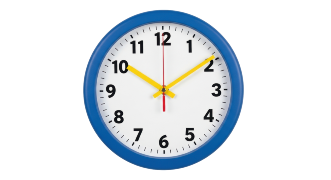 Isolated blue wall clock showing ten ten, traditional style timepiece, wall hanging home decor