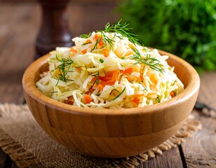 Bowl of slaw Cabbage, carrots, and dill in a wooden bowl, atop a burlap square on a rustic wood table