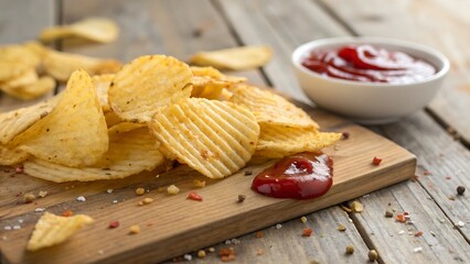 Potato Chips With Ketchup on wood Background