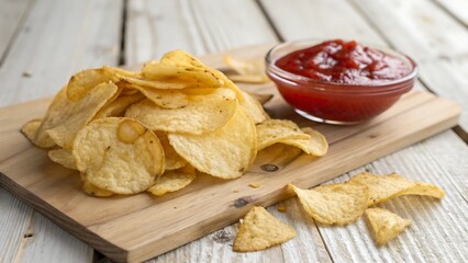 Potato Chips With Ketchup on wood Background