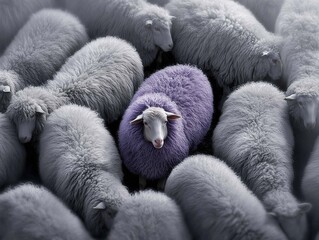 A flock of gray sheep standing next to each other. In the center is a single purple sheep, viewed from above.