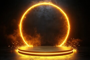 Showcase event golden podium black background gigapixel display studio aesthetic glow