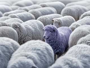 A flock of gray sheep standing next to each other. In the center is a single purple sheep, viewed from above.