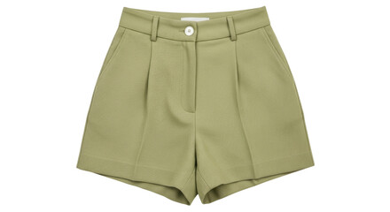 Isolated tailored sage green shorts featuring pleats and a waistband with a button closure
