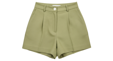Isolated tailored sage green shorts featuring pleats and a waistband with a button closure