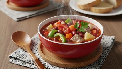 Hearty vegetable soup in a red bowl closeup