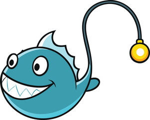 Charming teal anglerfish illustration with glowing lure for cartoon vector art