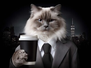 A Burmese cat in a business suit with coffee in the office
