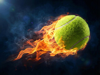 Fiery Tennis Ball: A tennis ball engulfed in vibrant flames and smoke streaks across a dark background, evoking a sense of speed, energy, and intense competition.