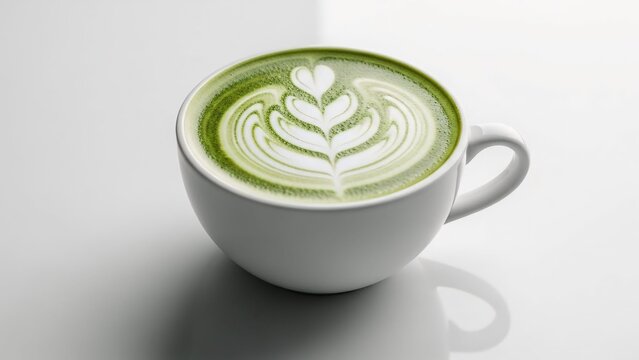 A steaming cup of matcha latte with latte art isolated on white background