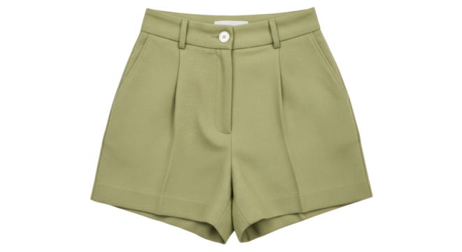 Isolated tailored sage green shorts featuring pleats and a waistband with a button closure