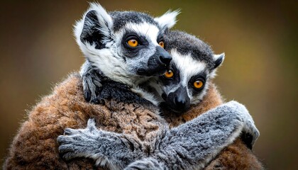 Two ring-tailed lemurs embrace affectionately, showcasing detailed fur and vibrant orange eyes against a blurred backdrop