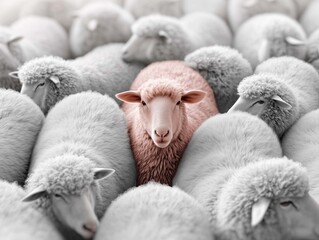 A flock of white sheep standing next to each other. In the center is a single pink sheep, viewed from above.