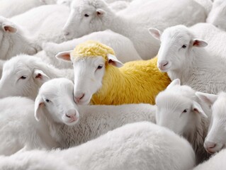 A flock of white sheep standing next to each other. In the center is a single yellow sheep, seen from the side.