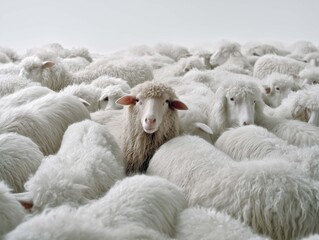 A flock of white sheep standing next to each other. In the center is a single brown sheep, seen from the side.