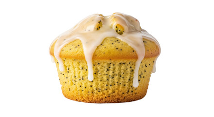 Isolated lemon poppy seed muffin with glaze, sweet dessert for snack or breakfast