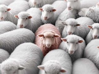 A flock of white sheep standing next to each other. In the center is a single pink sheep.
