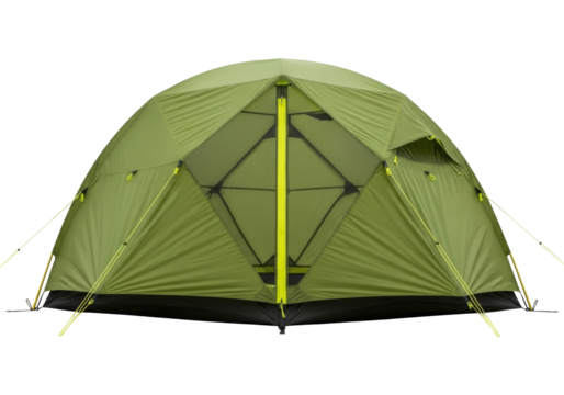 Isolated olive green dome tent for camping activities in nature, family trip, outdoor lifestyle