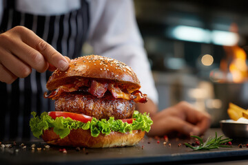 Delicious gourmet bacon burger being prepared in a bustling kitchen setting