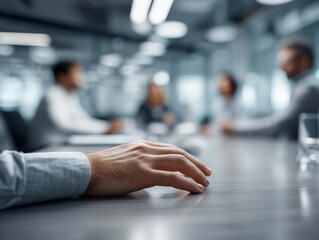 Close-up of male hand touching surface of table in conference room