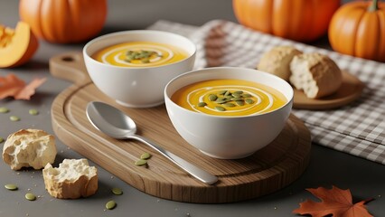 Creamy pumpkin soup served in white bowls