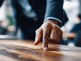 Close-up of male hand touching surface of table in conference room