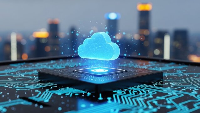 Cloud computing concept with data transfer over glowing circuit board and cityscape