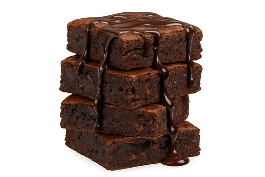 Stack of fudgy chocolate brownies drizzling with chocolate sauce, tempting sweet dessert on transparent background