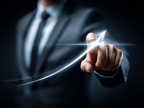 Close up of businessman hand touching icon of media screen with rising arrow