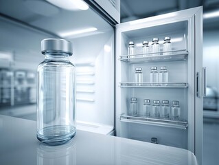 3D render of medical vials and bottles in a refrigerator.