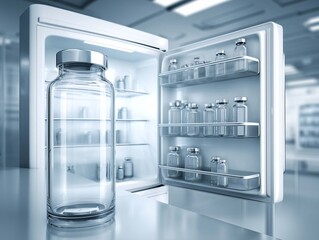 3D render of medical vials and bottles in a refrigerator.
