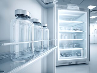 3D render of medical vials and bottles in a refrigerator.