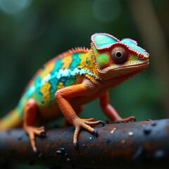 Fototapeta premium Rainbow chameleon perches on a rusty branch in Jungle Generative AI